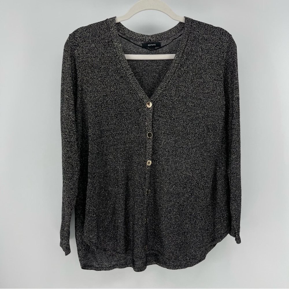 Alfani Black Metallic Knit Lightweight Button-Front V-Neck Top, Women's XLP